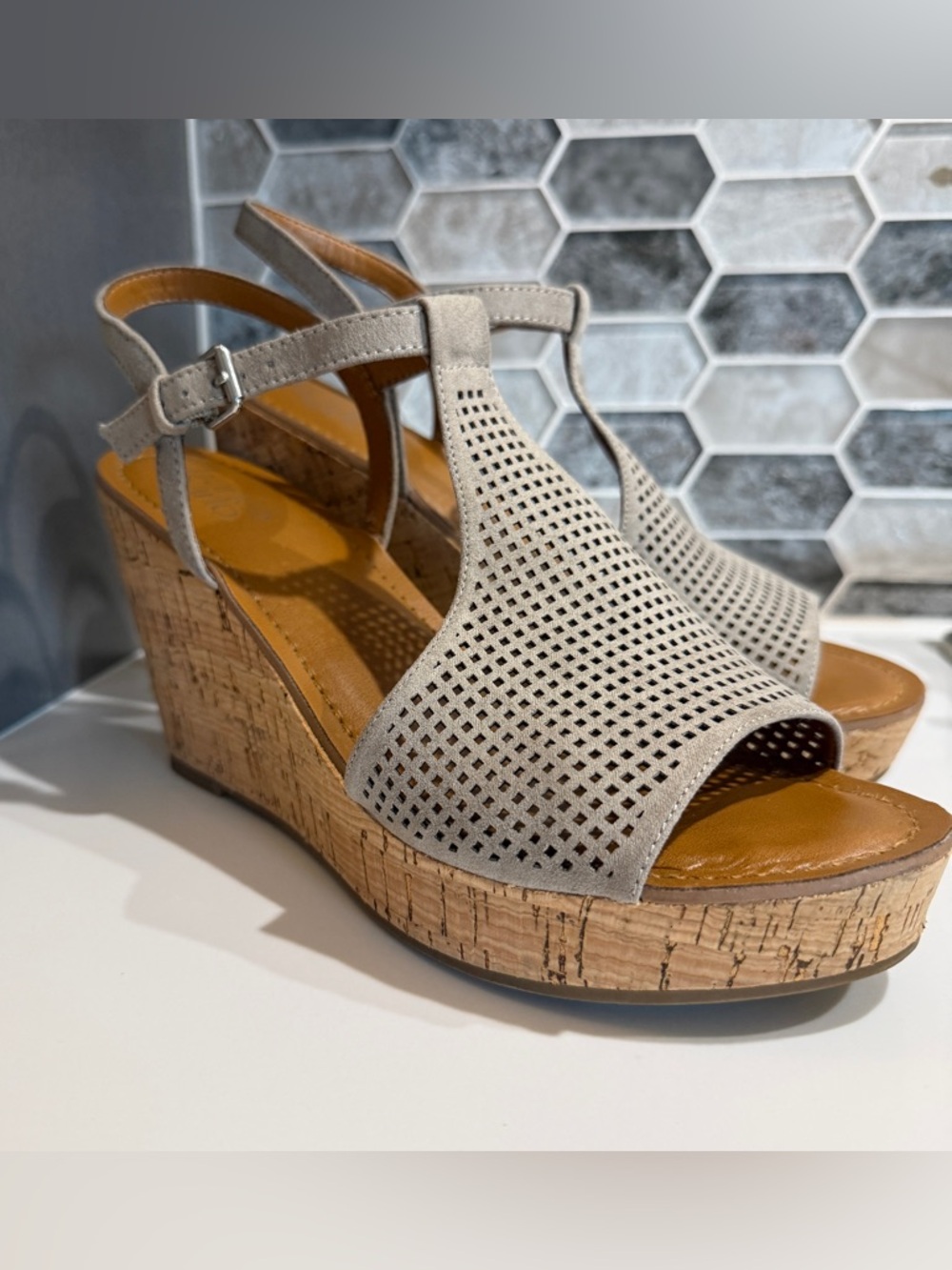 Franco Sarto Clinton2 Taupe Suede Cork Wedge Sandals